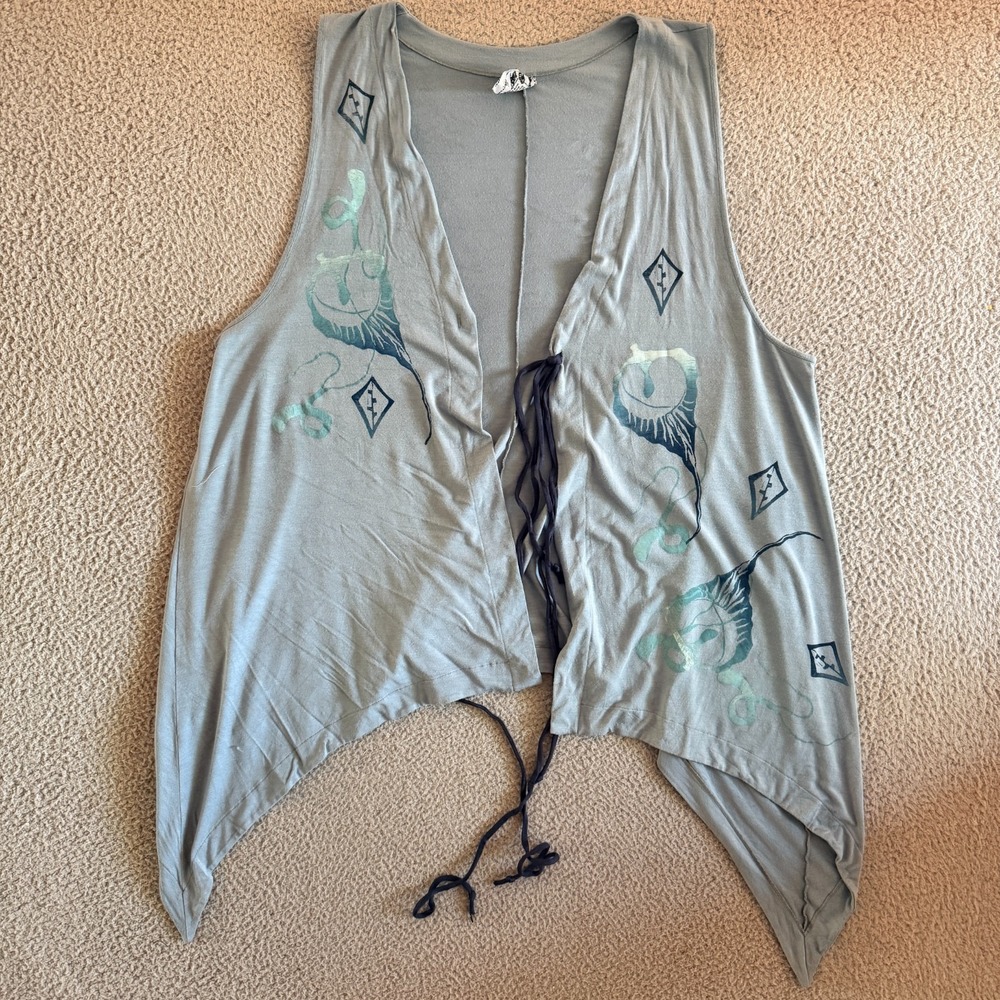 Blue Fish Long‎ Maxi Vest Sz XL Lagenlook Artsy Boho Fish Print Blue Front Tie